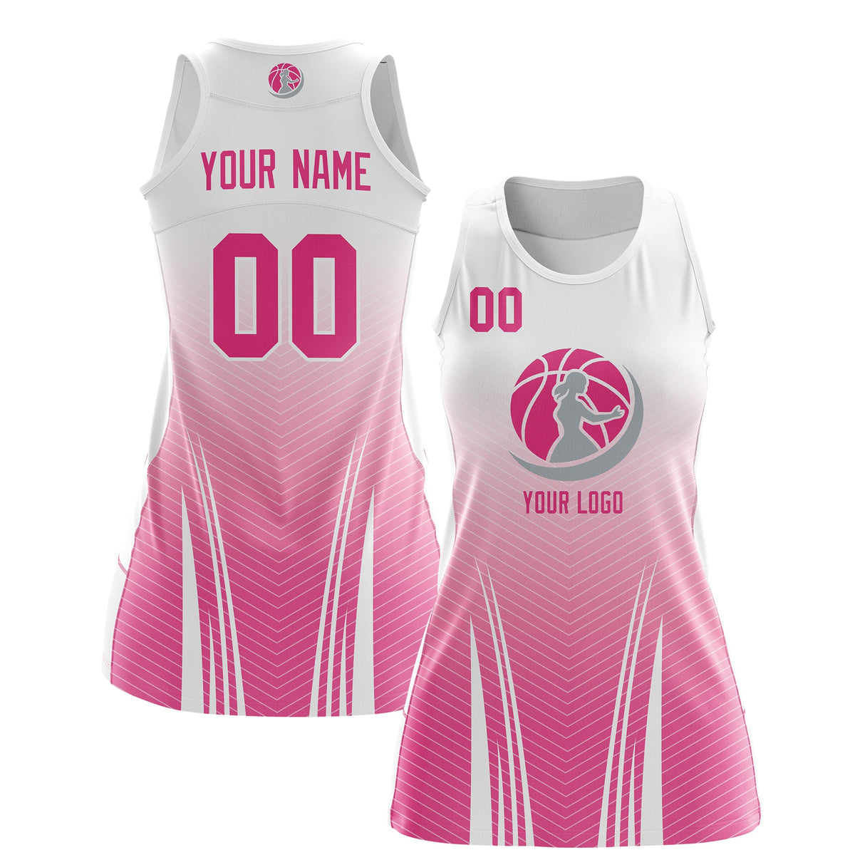 Custom Women Netball Dress | White Pink V-Shaped Pinstripes Gradient Uniform with Logo