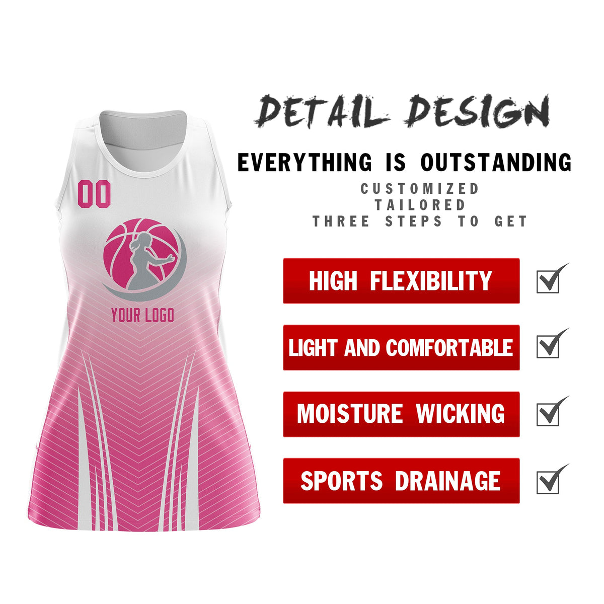Custom Women Netball Dress | White Pink V-Shaped Pinstripes Gradient Uniform with Logo