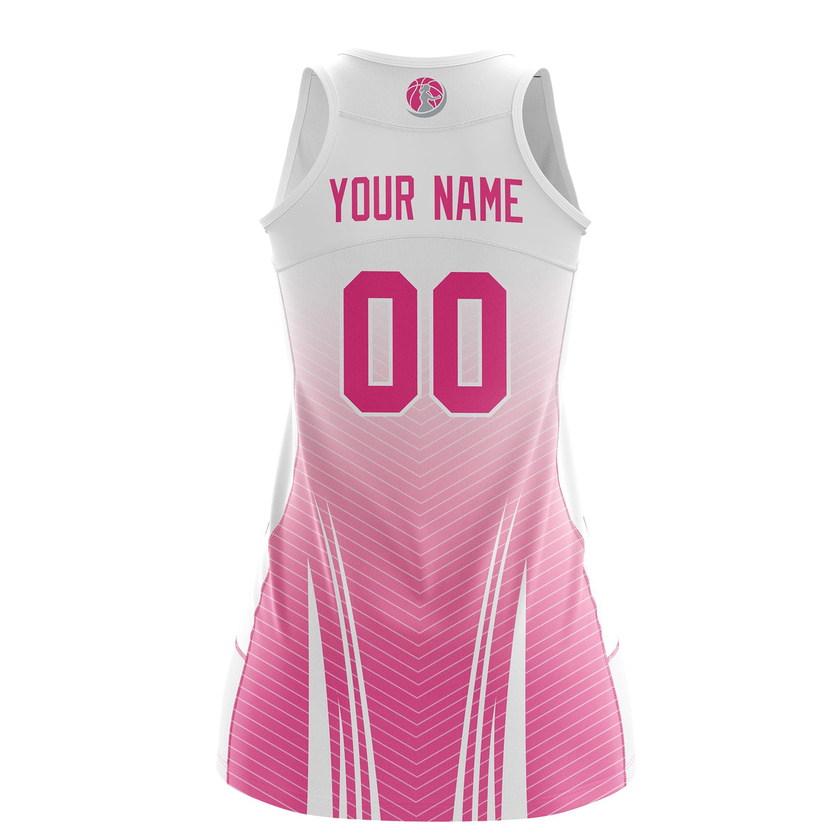 Custom Women Netball Dress | White Pink V-Shaped Pinstripes Gradient Uniform with Logo