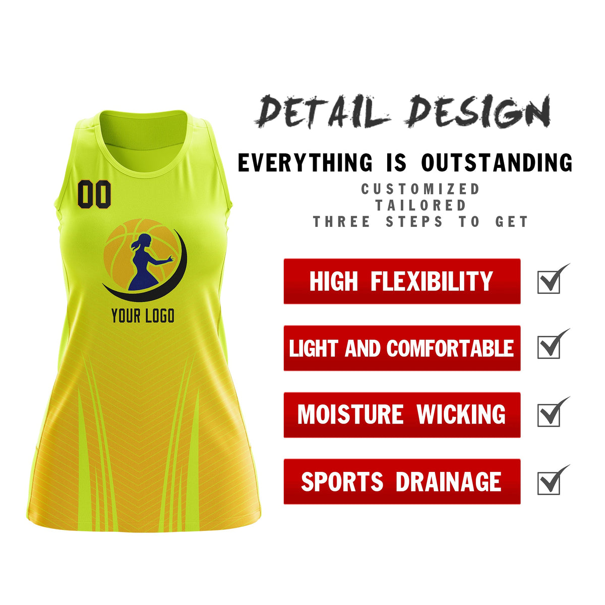 Custom Women Netball Dress | Fluorescent Green Gold V-Shaped Pinstripes Gradient Team Uniform