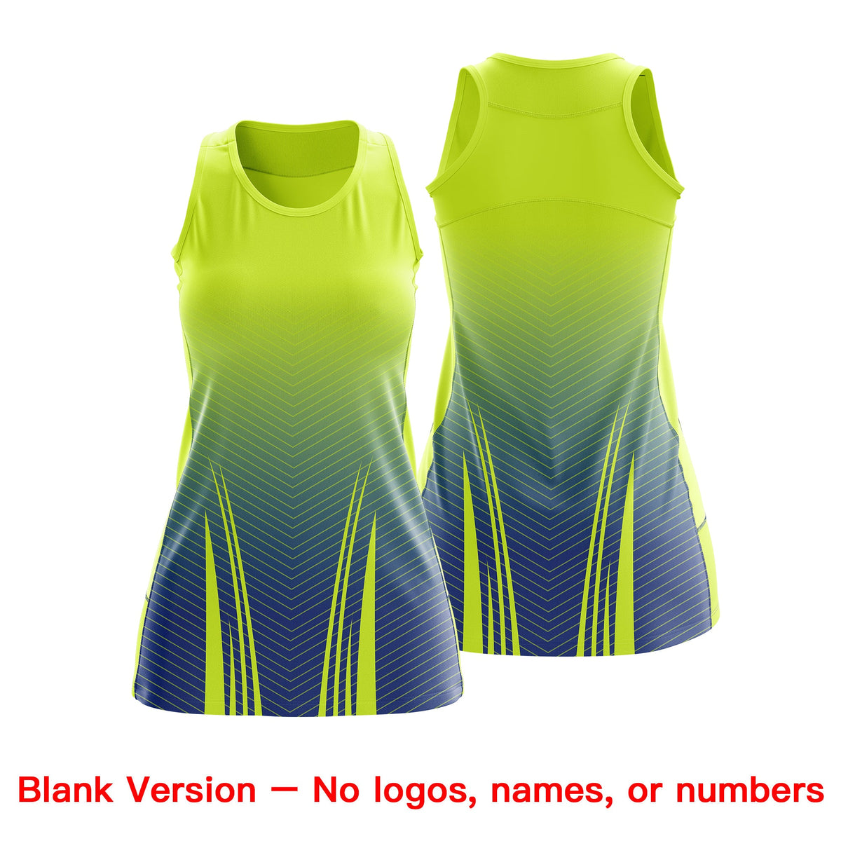 Custom Women Netball Dress | Fluorescent Green Royal Blue V-Shaped Pinstripes Gradient Uniform with Logo