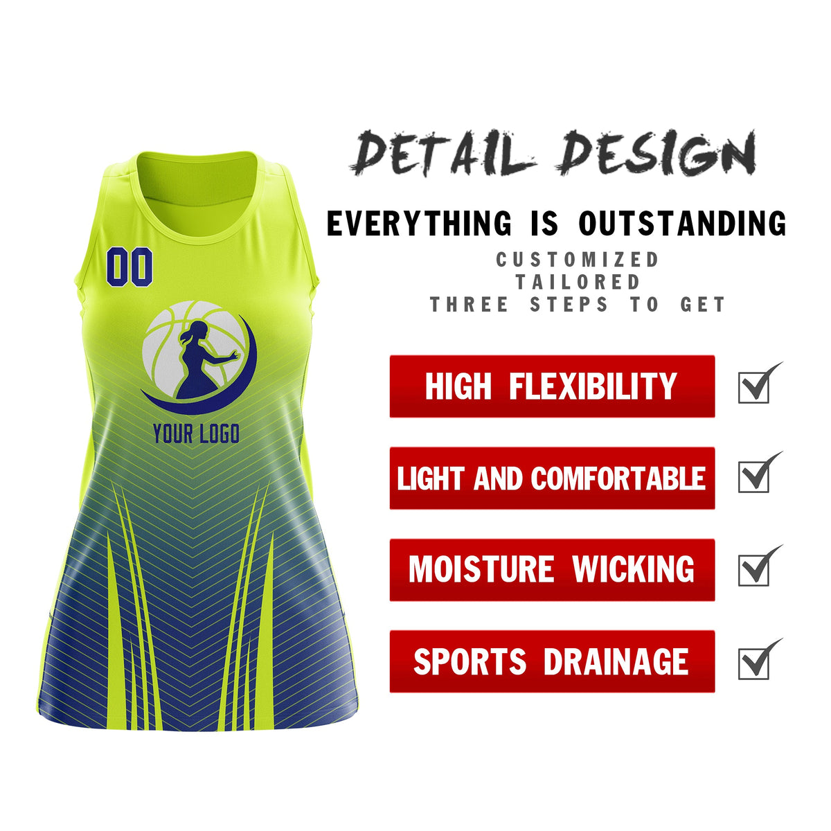 Custom Women Netball Dress | Fluorescent Green Royal Blue V-Shaped Pinstripes Gradient Uniform with Logo