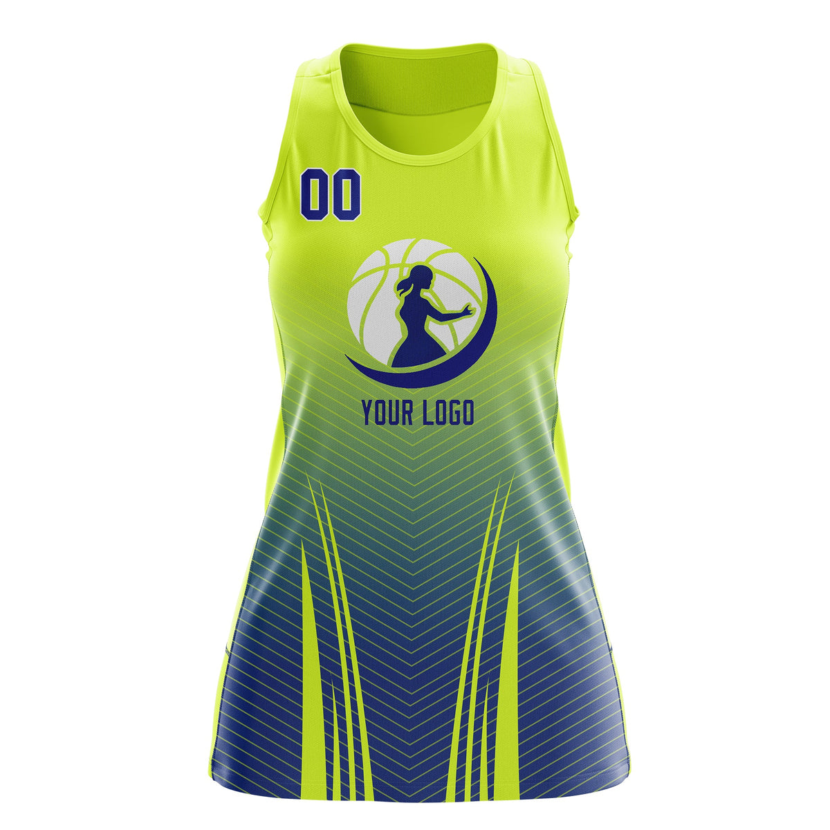 Custom Women Netball Dress | Fluorescent Green Royal Blue V-Shaped Pinstripes Gradient Uniform with Logo