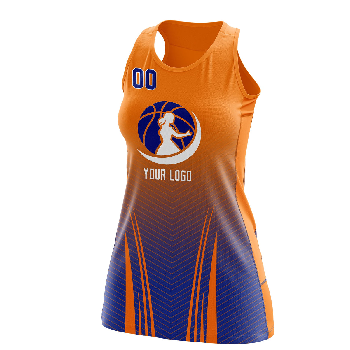 Custom Netball Dress | Orange Royal Blue for Women with V-Shaped Pinstripes Personalized Uniform