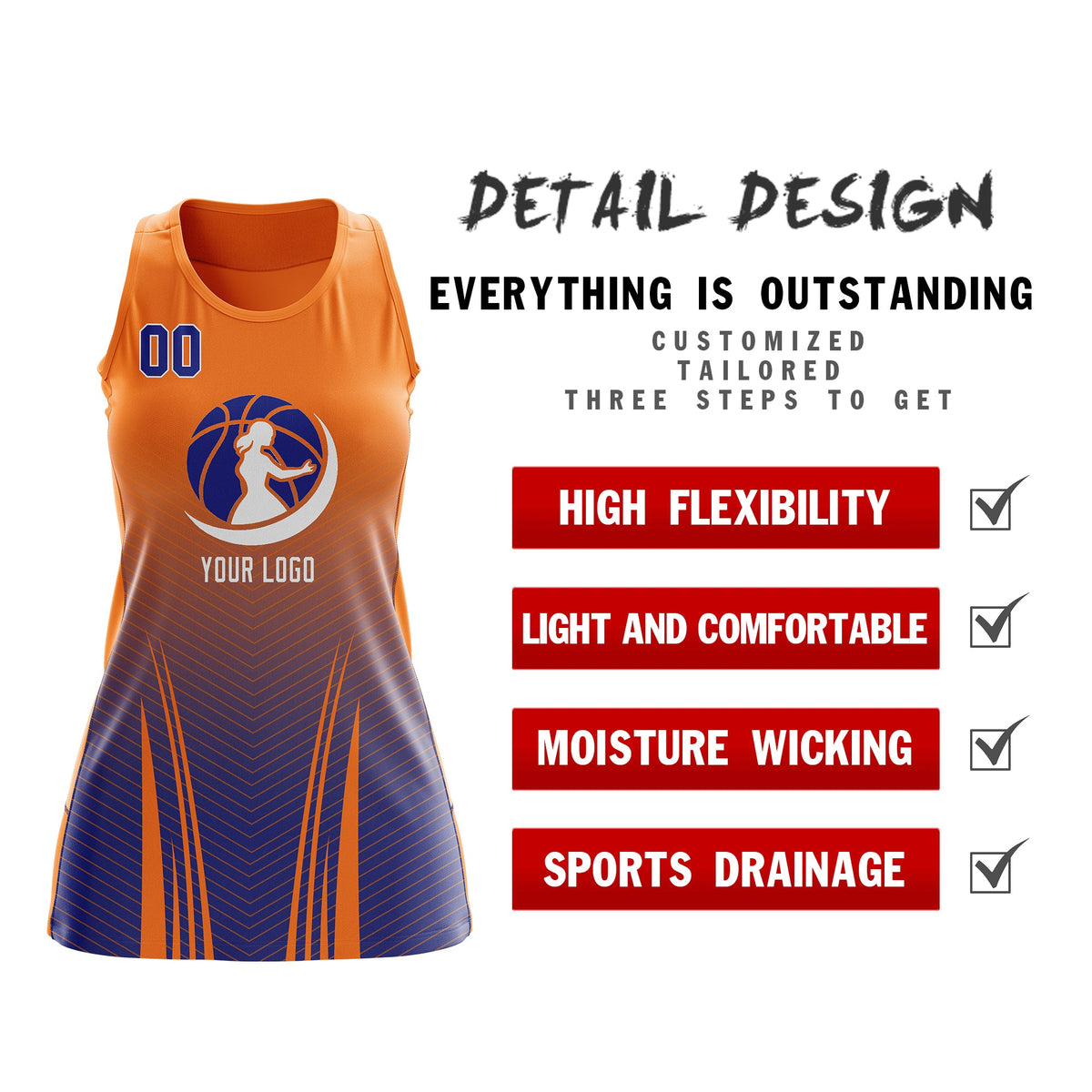 Custom Netball Dress | Orange Royal Blue for Women with V-Shaped Pinstripes Personalized Uniform