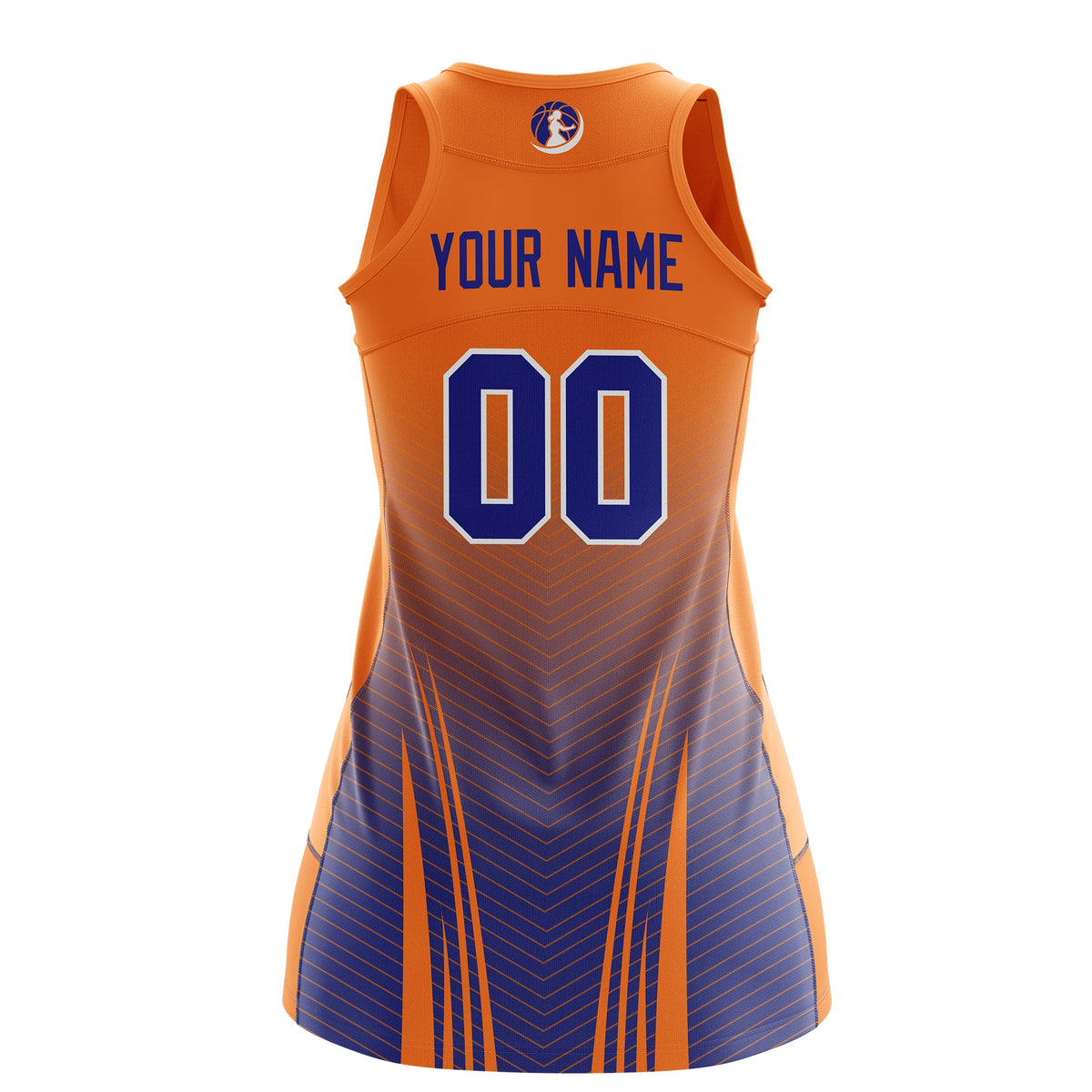 Custom Netball Dress | Orange Royal Blue for Women with V-Shaped Pinstripes Personalized Uniform