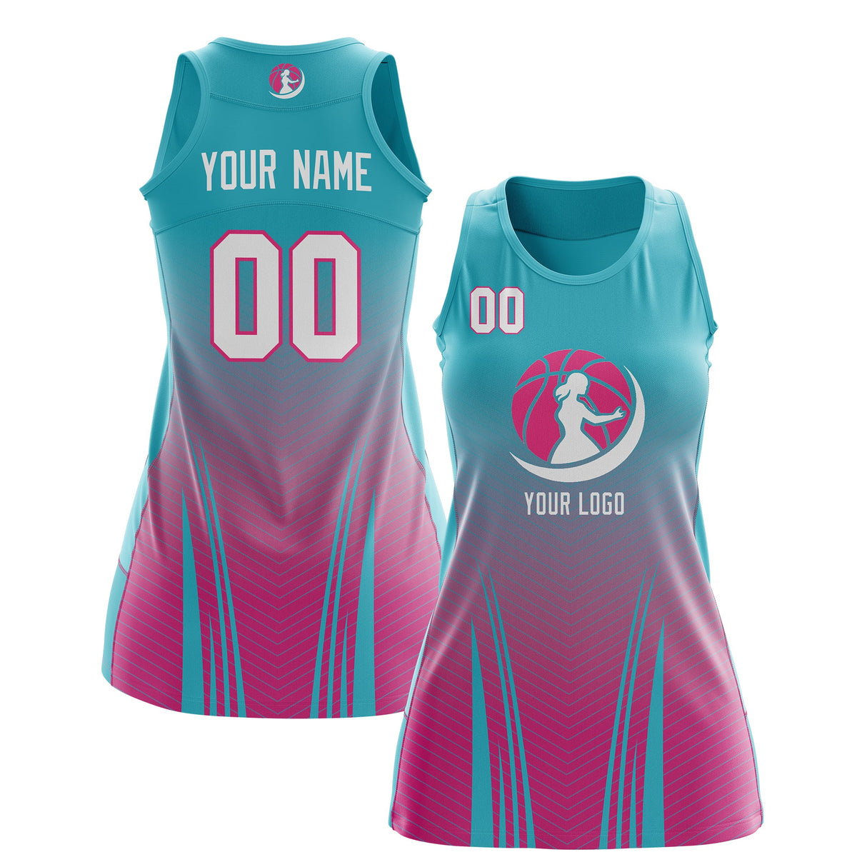 Custom Women Netball Dress | Aqua Rose Red V-Shaped Pinstripes Gradient Team Uniform