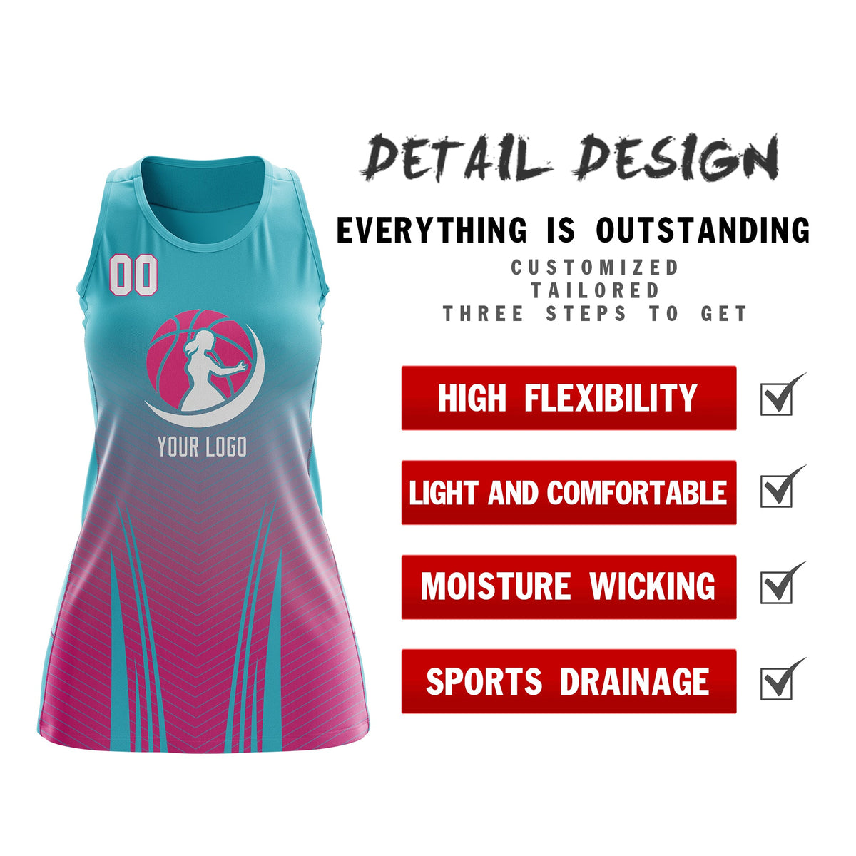 Custom Women Netball Dress | Aqua Rose Red V-Shaped Pinstripes Gradient Team Uniform