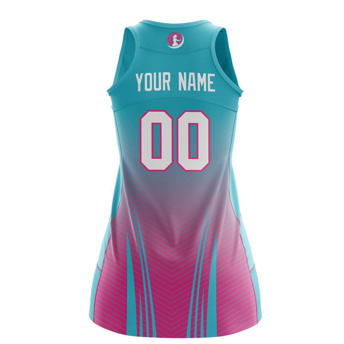 Custom Women Netball Dress | Aqua Rose Red V-Shaped Pinstripes Gradient Team Uniform