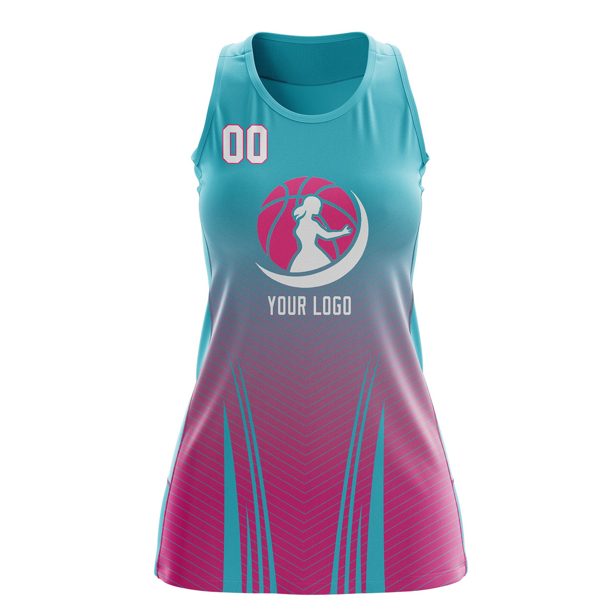 Custom Women Netball Dress | Aqua Rose Red V-Shaped Pinstripes Gradient Team Uniform
