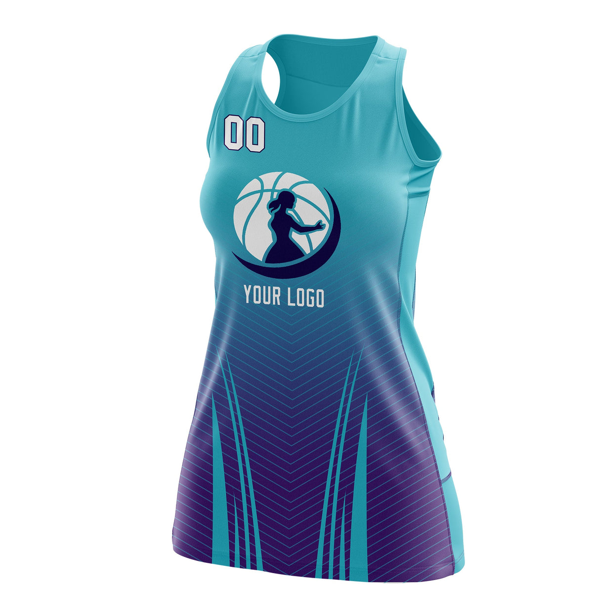 Custom Women Netball Dress | Aqua Purple V-Shaped Pinstripes Gradient Uniform with Logo
