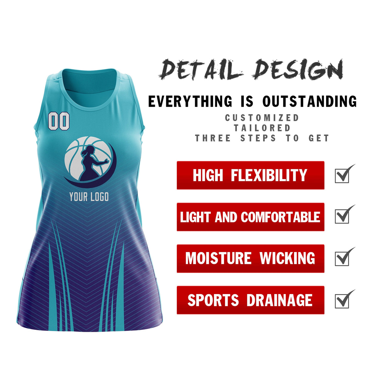 Custom Women Netball Dress | Aqua Purple V-Shaped Pinstripes Gradient Uniform with Logo