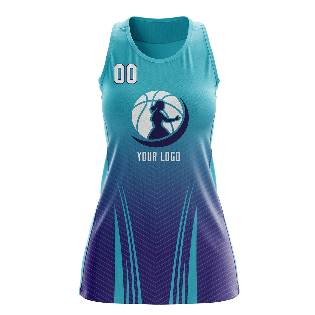 Custom Women Netball Dress | Aqua Purple V-Shaped Pinstripes Gradient Uniform with Logo
