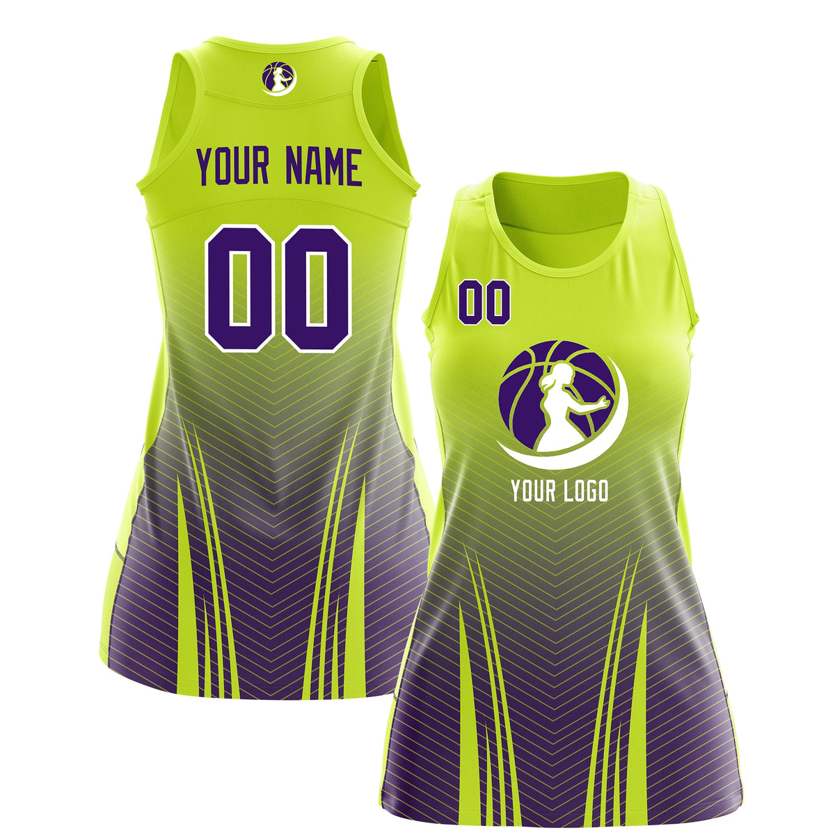 Custom Netball Dress | Fluorescent Green Purple for Women with V-Shaped Pinstripes Personalized Uniform