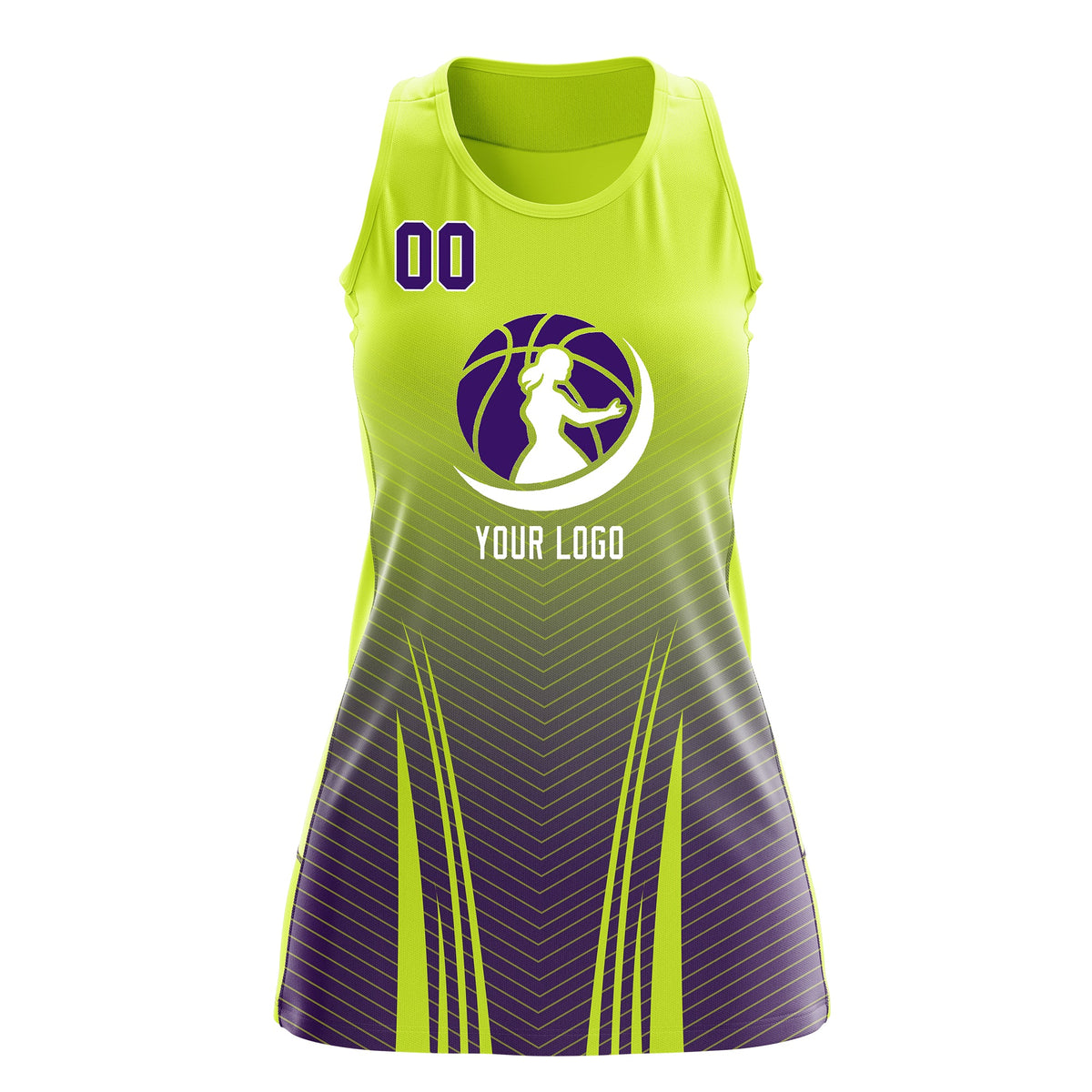 Custom Netball Dress | Fluorescent Green Purple for Women with V-Shaped Pinstripes Personalized Uniform