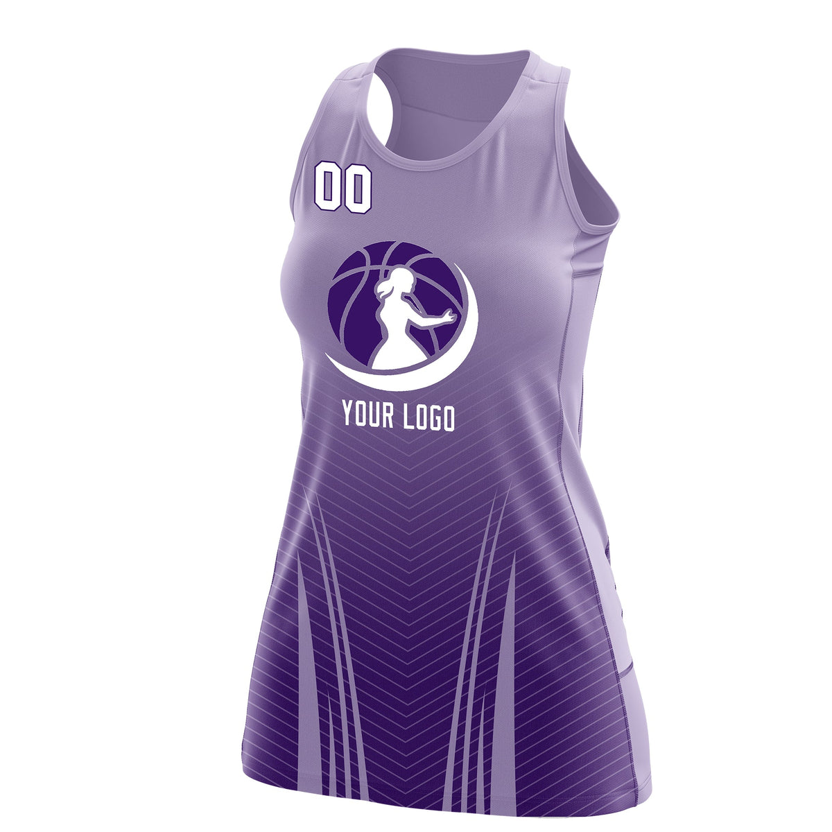 Custom Women Netball Dress | Light Purple Purple V-Shaped Pinstripes Gradient Team Uniform