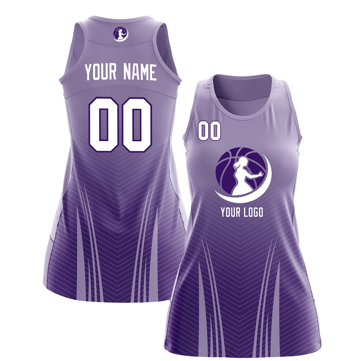 Custom Women Netball Dress | Light Purple Purple V-Shaped Pinstripes Gradient Team Uniform