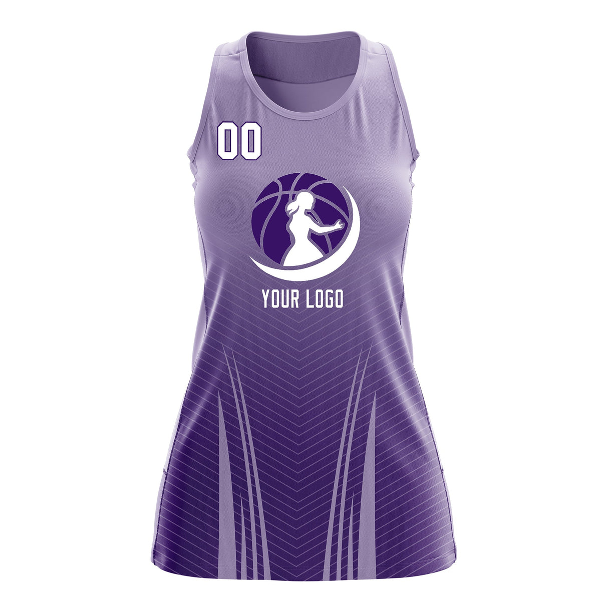 Custom Women Netball Dress | Light Purple Purple V-Shaped Pinstripes Gradient Team Uniform