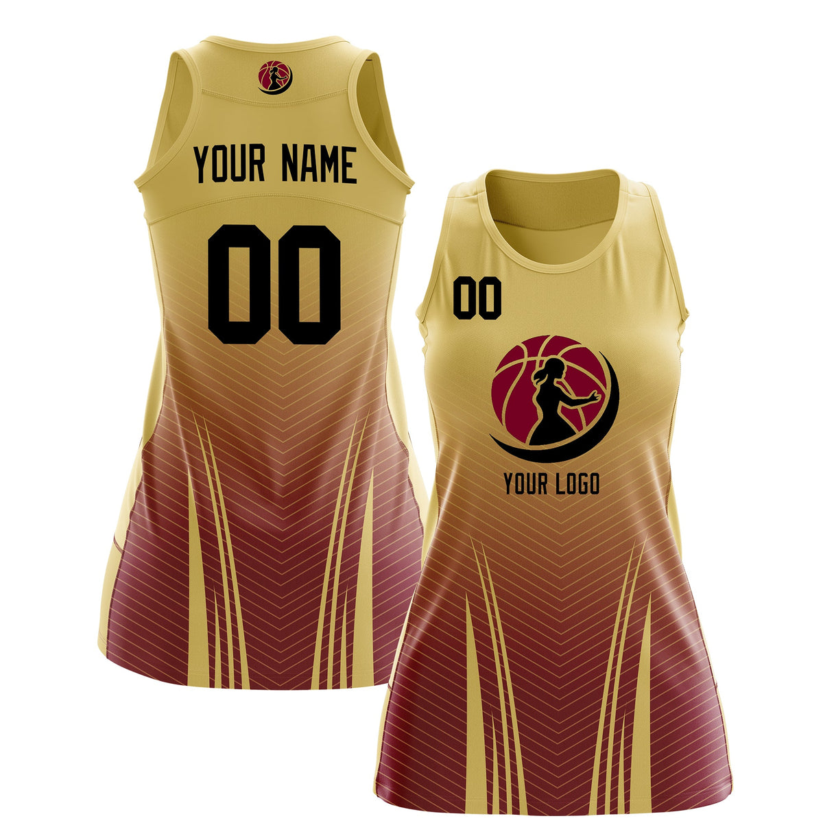 Custom Women Netball Dress | Khaki Crimson V-Shaped Pinstripes Gradient Uniform with Logo