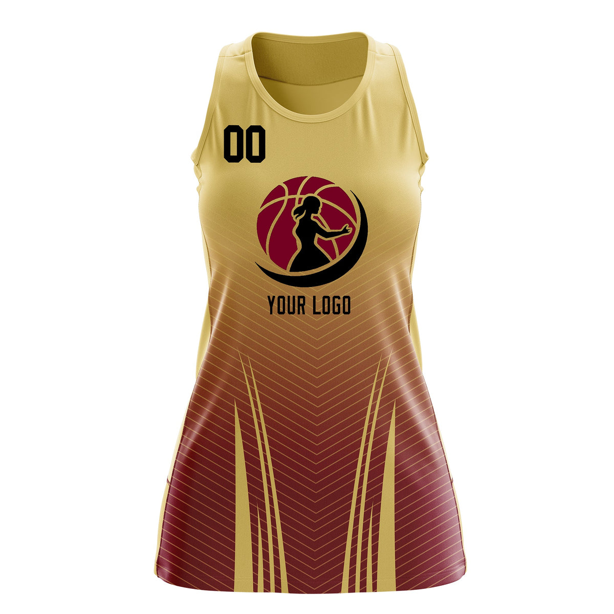 Custom Women Netball Dress | Khaki Crimson V-Shaped Pinstripes Gradient Uniform with Logo