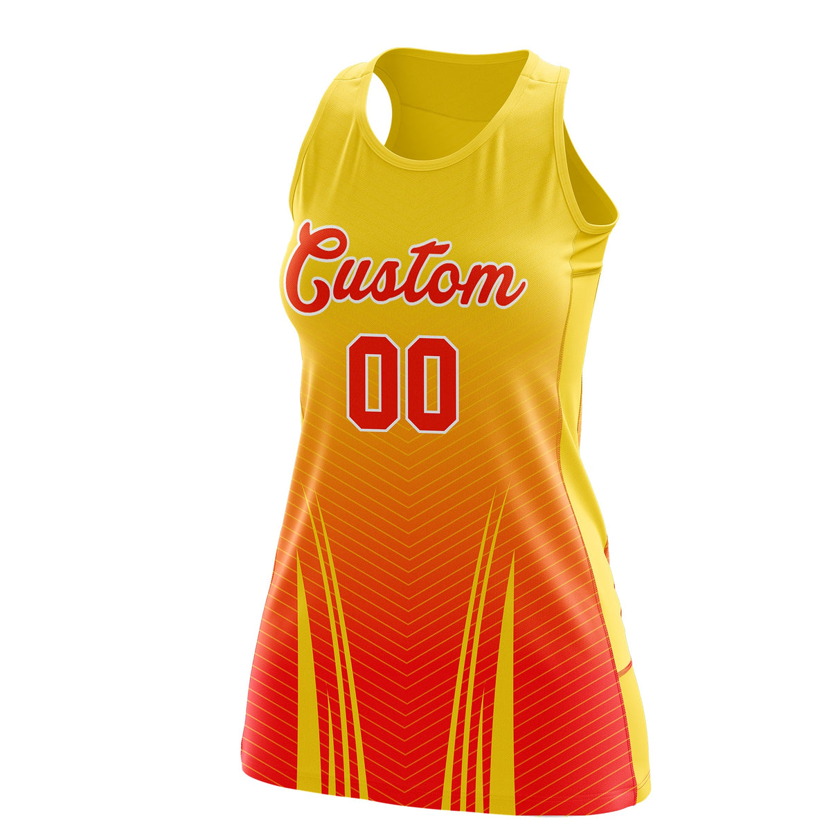 Custom Women Netball Dress | Gold Orange V-Shaped Pinstripes Uniform with Name &amp; Number