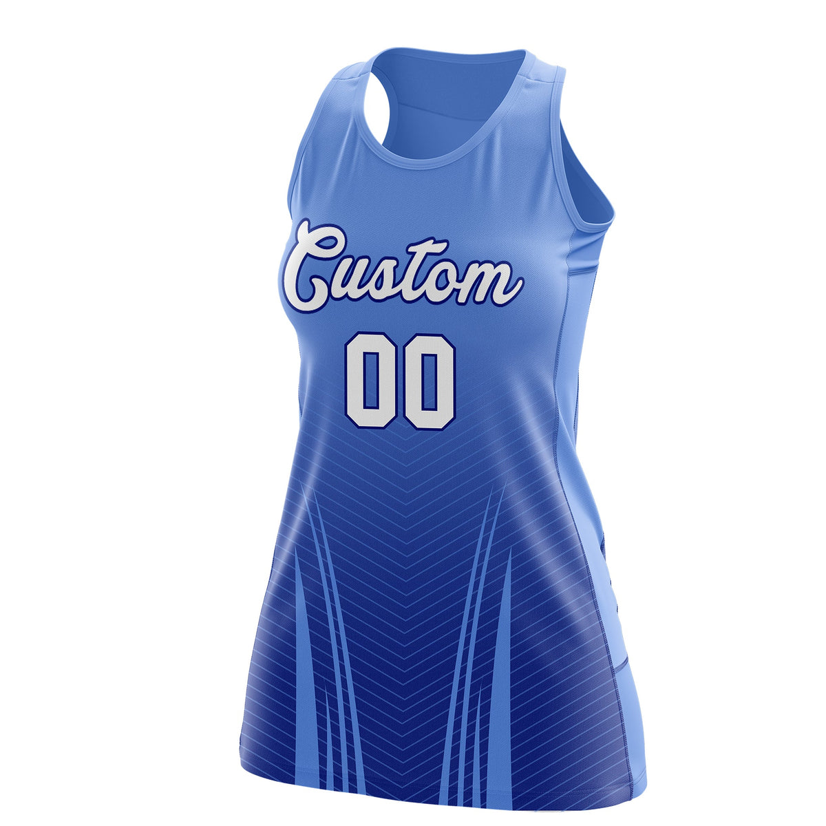 Custom Netball Dress | Light Blue Royal Blue V-Shaped Pinstripes Gradient Team Uniform