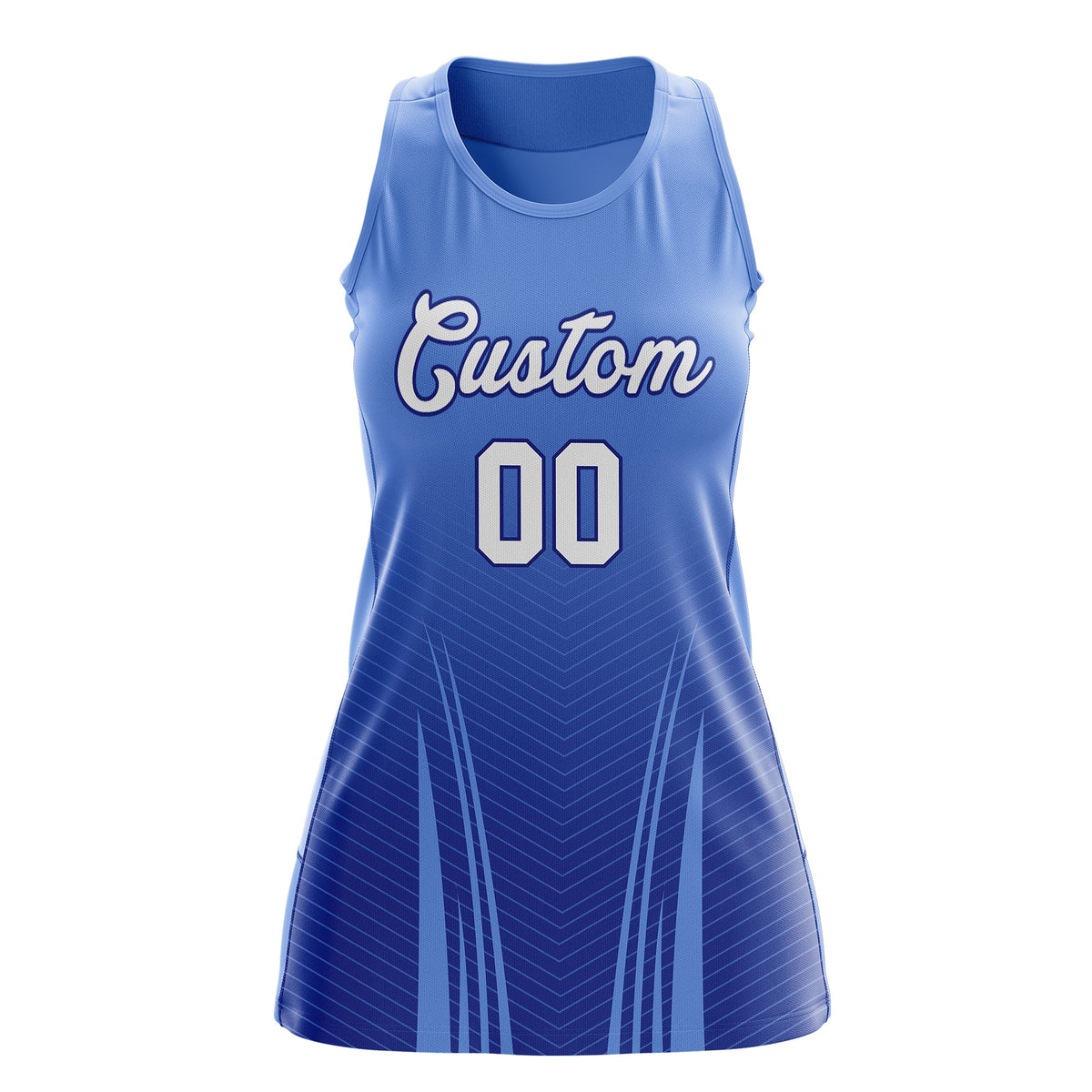 Custom Netball Dress | Light Blue Royal Blue V-Shaped Pinstripes Gradient Team Uniform