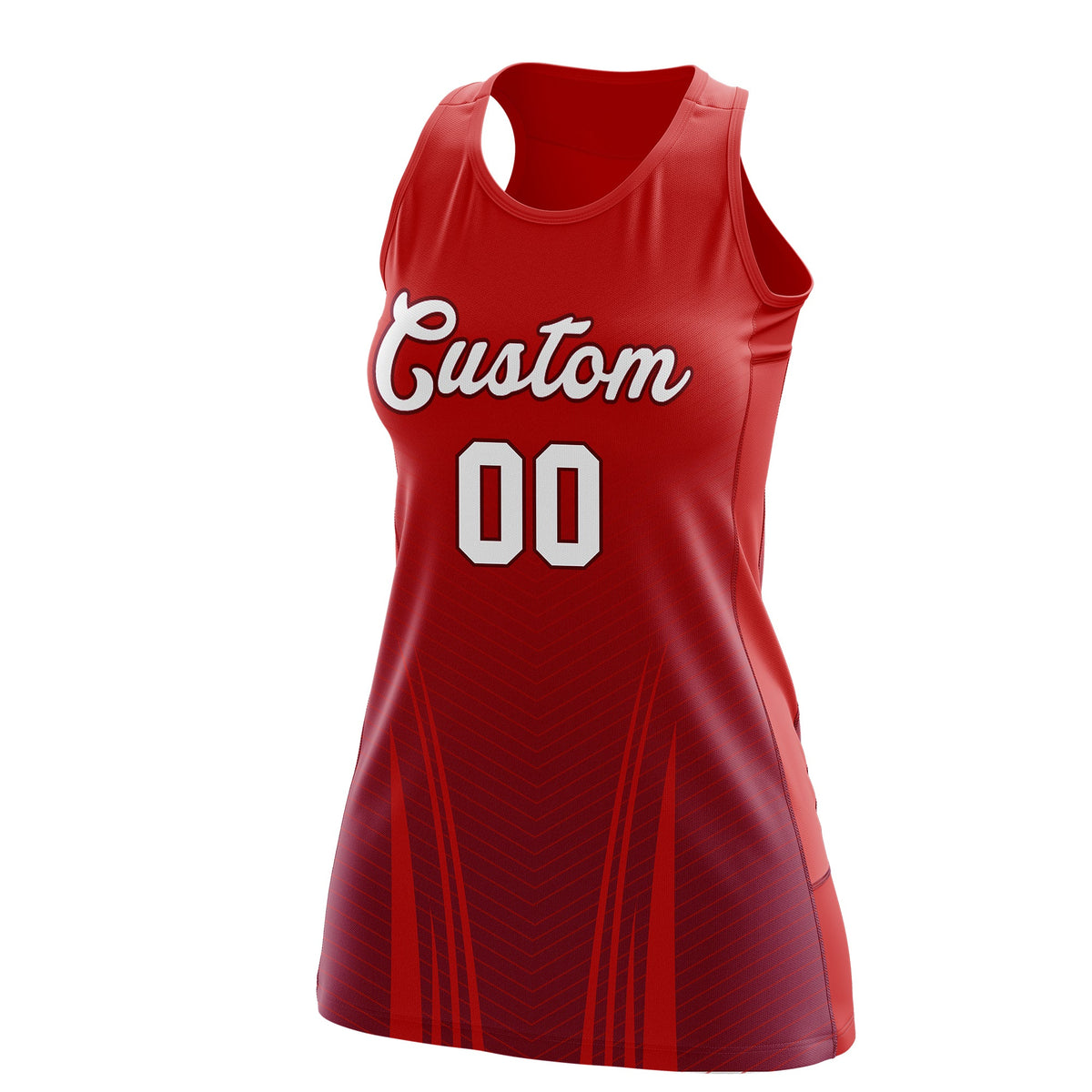 Custom Women Netball Dress | Red Crimson V-Shaped Pinstripes Uniform with Name &amp; Number