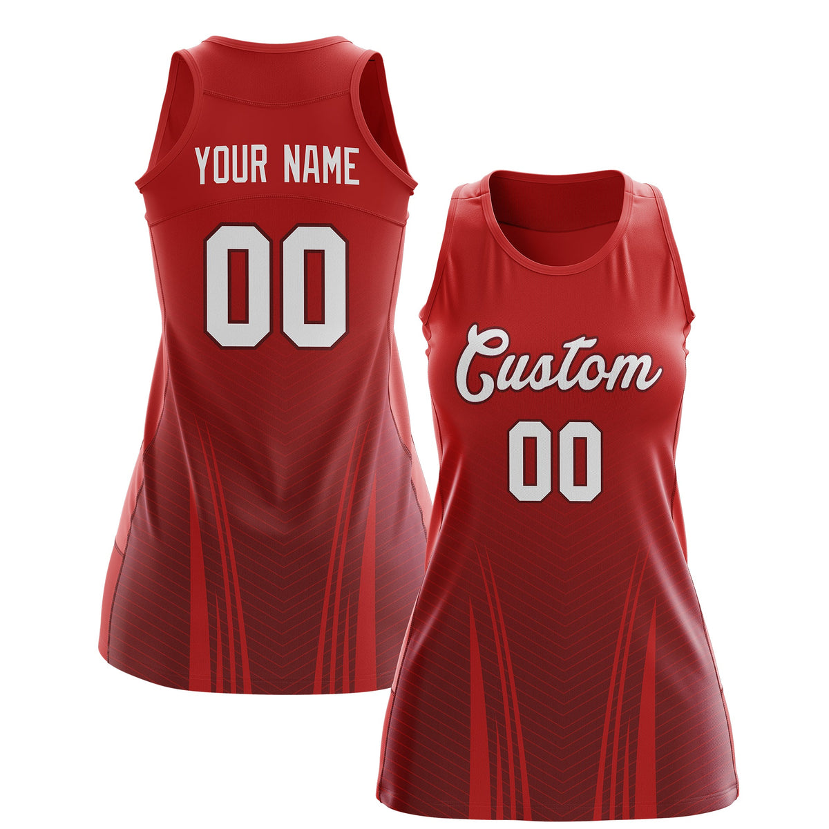 Custom Women Netball Dress | Red Crimson V-Shaped Pinstripes Uniform with Name &amp; Number