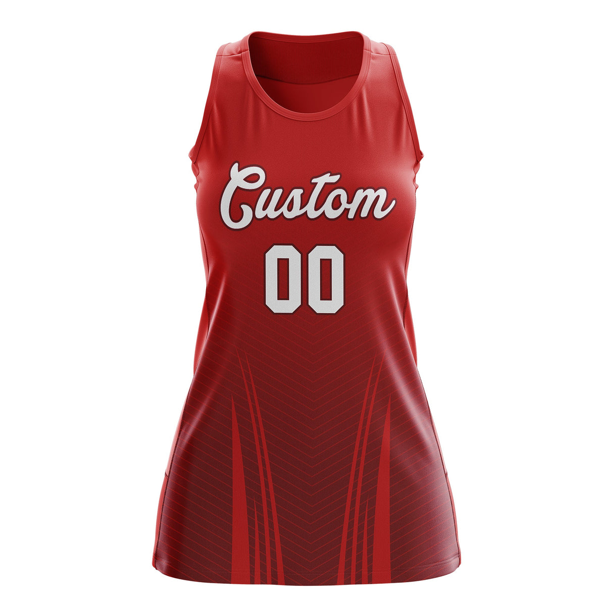 Custom Women Netball Dress | Red Crimson V-Shaped Pinstripes Uniform with Name &amp; Number