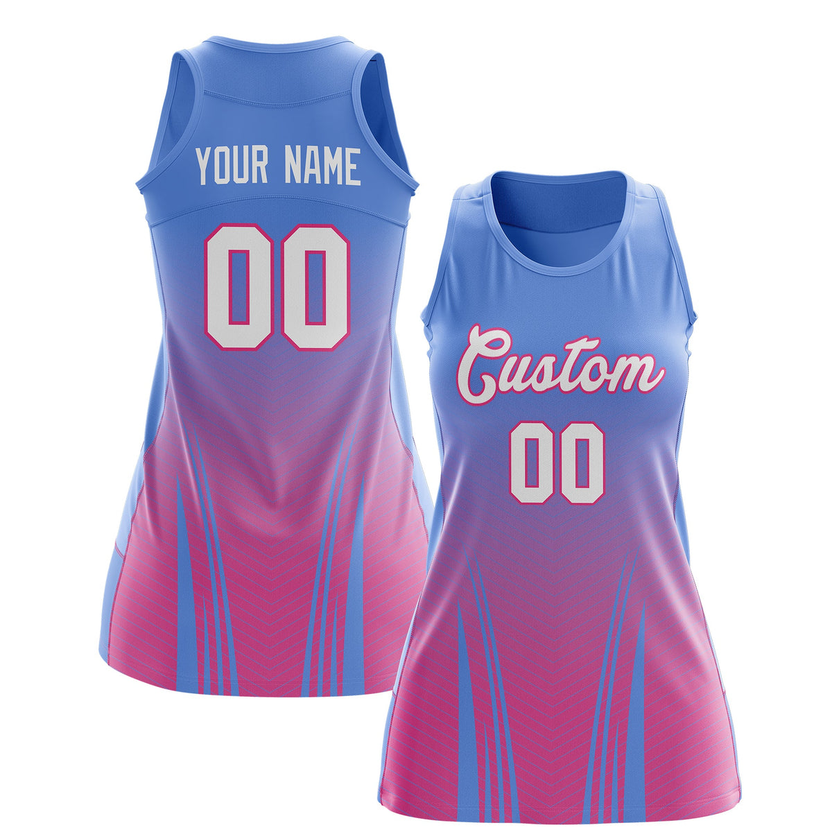 Custom Women Netball Dress | Light Blue Pink V-Shaped Pinstripes Uniform with Name &amp; Number