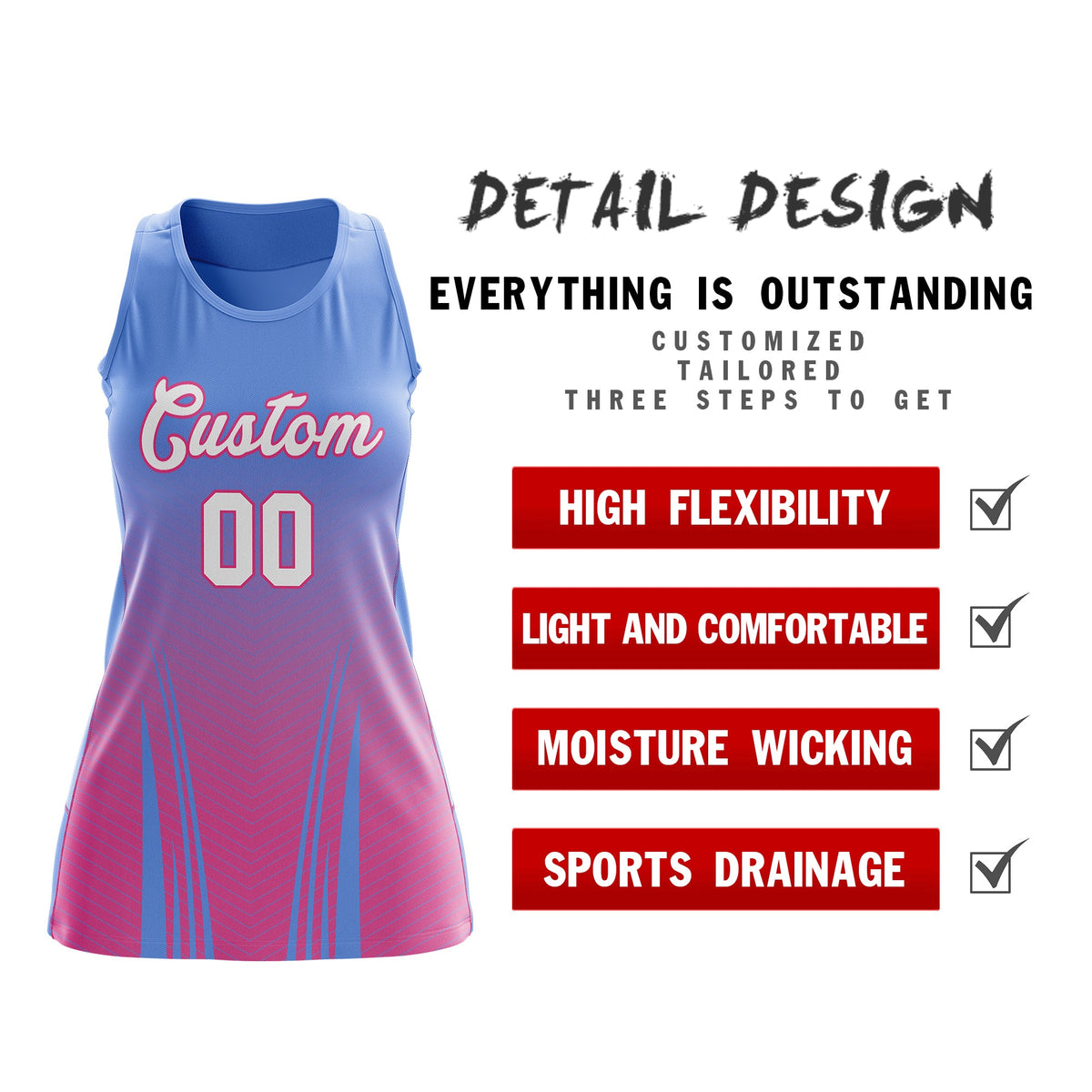 Custom Women Netball Dress | Light Blue Pink V-Shaped Pinstripes Uniform with Name &amp; Number
