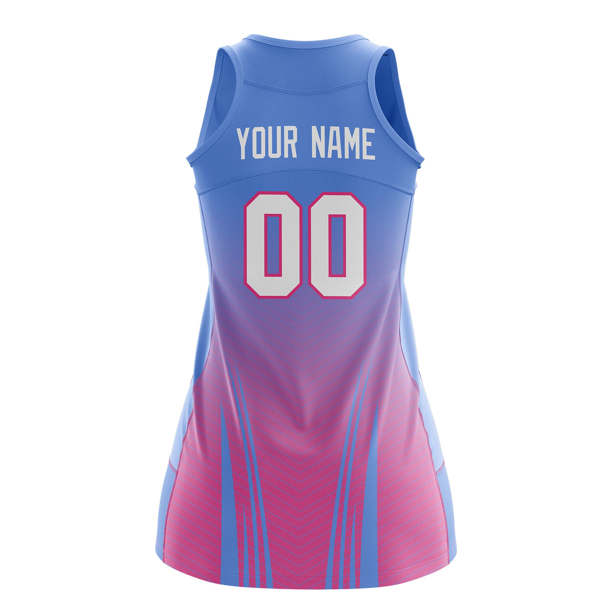 Custom Women Netball Dress | Light Blue Pink V-Shaped Pinstripes Uniform with Name &amp; Number
