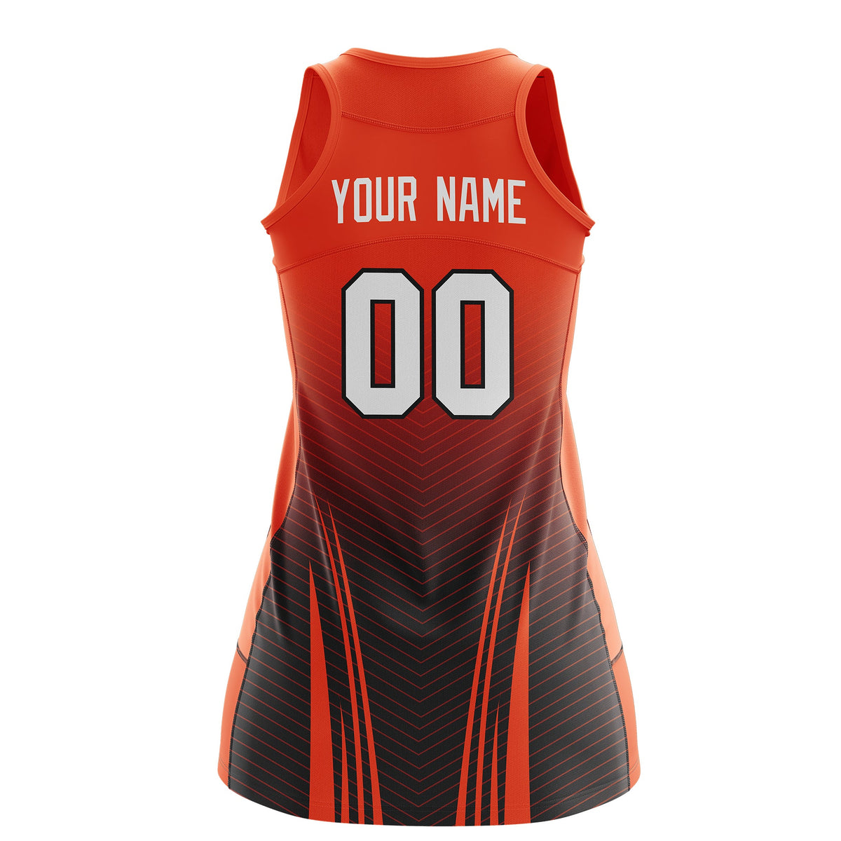 Custom Netball Dress Orange Black for Women with V-Shaped Pinstripes Personalized Team Uniform