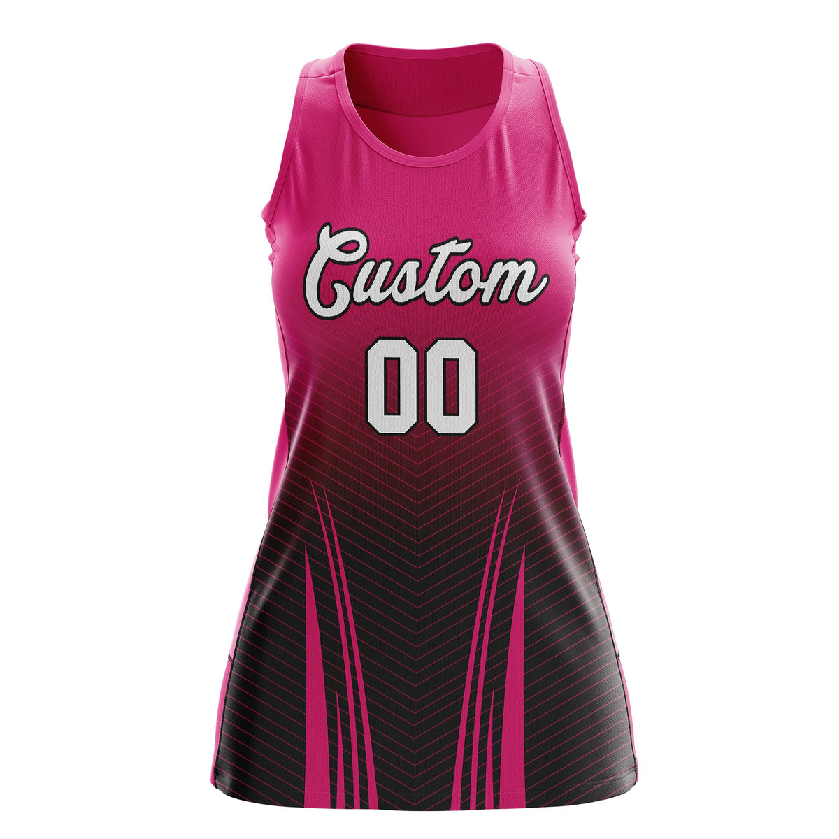 Custom Women Netball Dress | Rose Red Black V-Shaped Pinstripes Uniform with Name &amp; Number