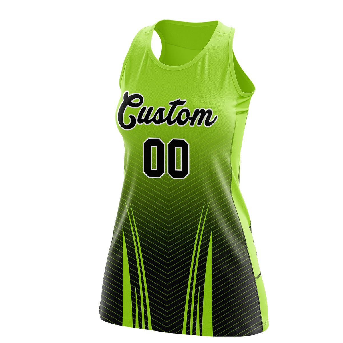 Custom Netball Dress | Neon Green Black V-Shaped Pinstripes Gradient Team Uniform