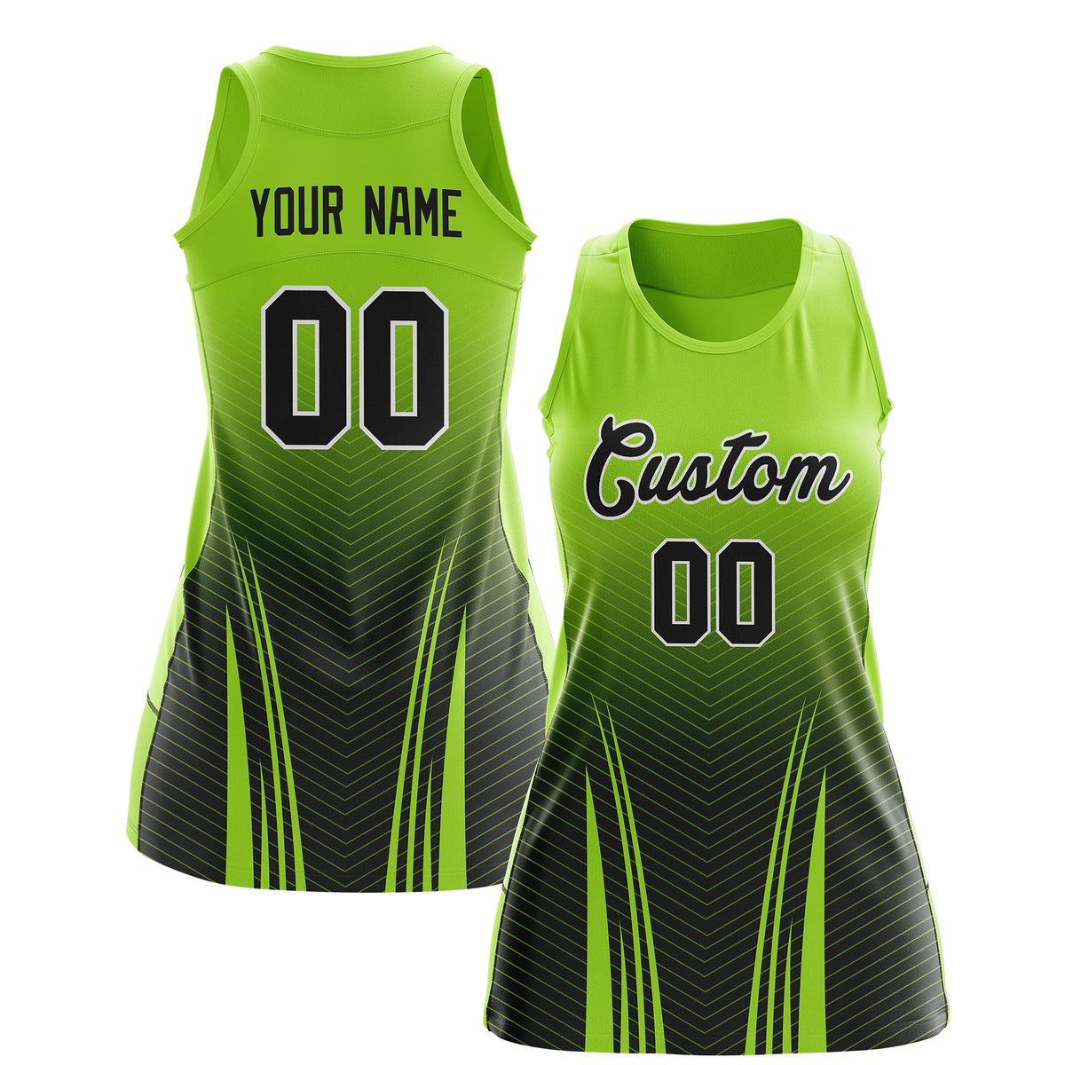 Custom Netball Dress | Neon Green Black V-Shaped Pinstripes Gradient Team Uniform