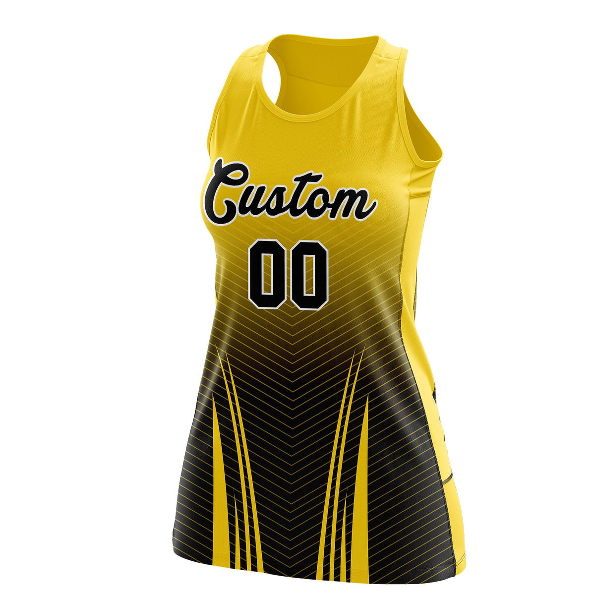 Custom Netball Dress Gold Black for Women with V-Shaped Pinstripes Personalized Team Uniform