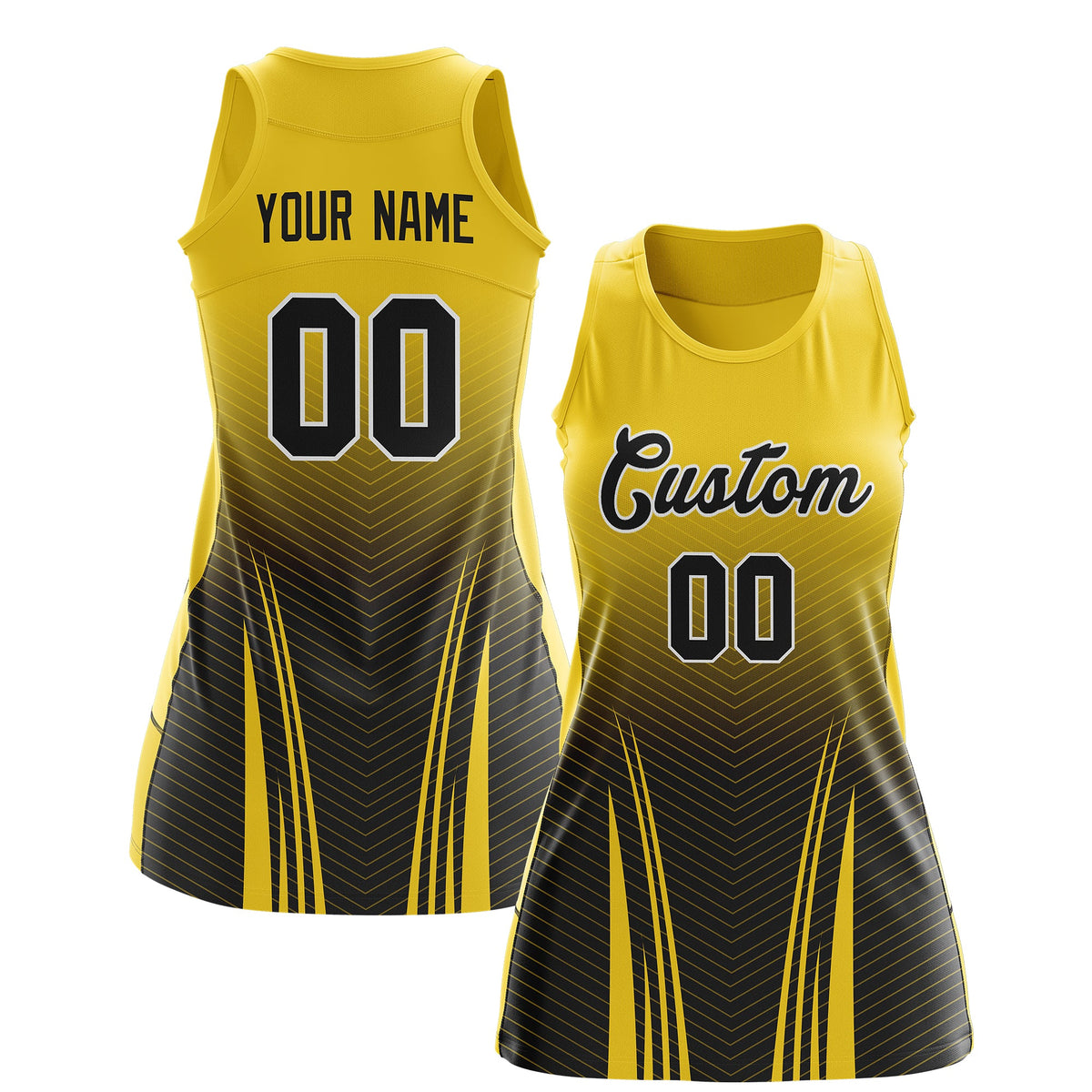 Custom Netball Dress Gold Black for Women with V-Shaped Pinstripes Personalized Team Uniform