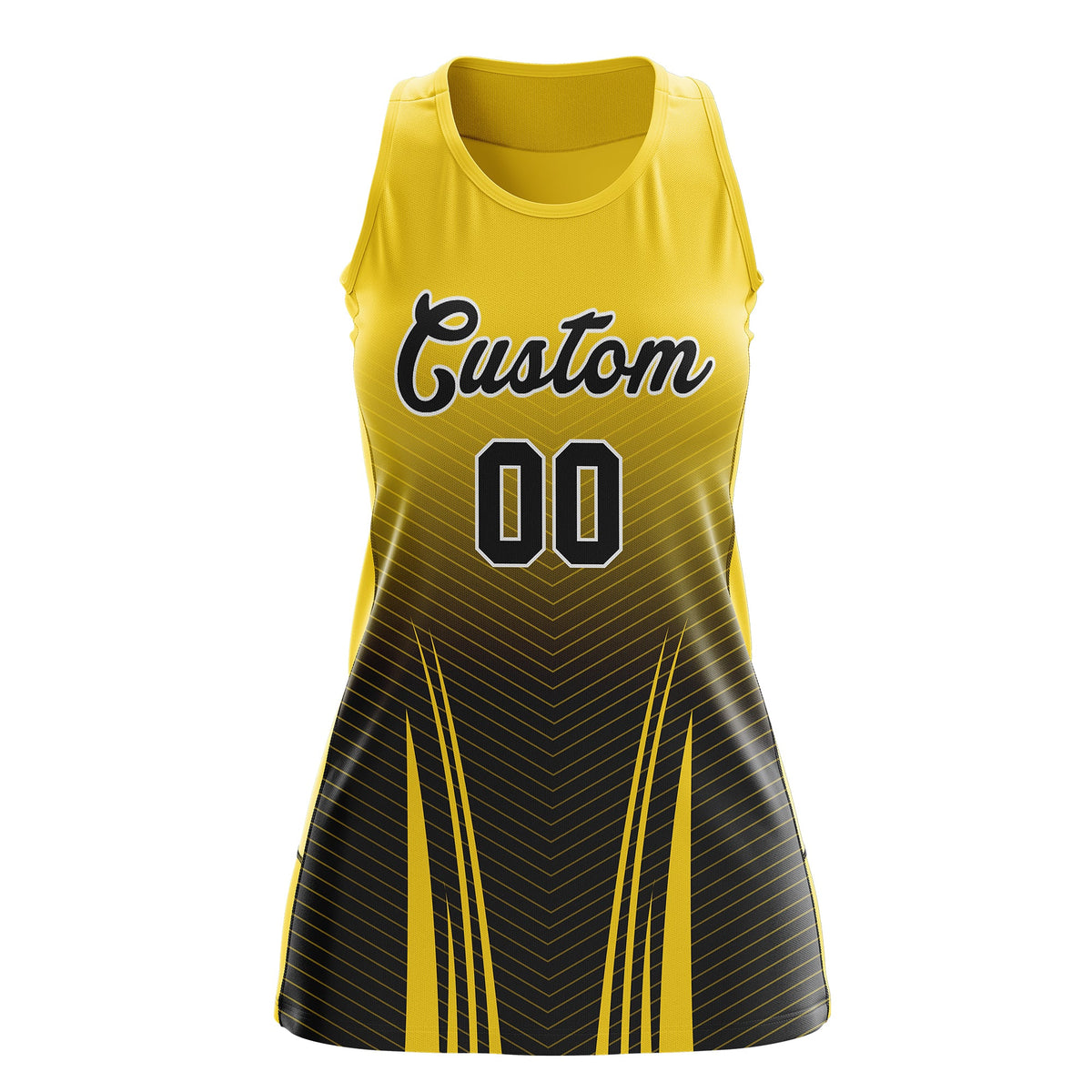 Custom Netball Dress Gold Black for Women with V-Shaped Pinstripes Personalized Team Uniform