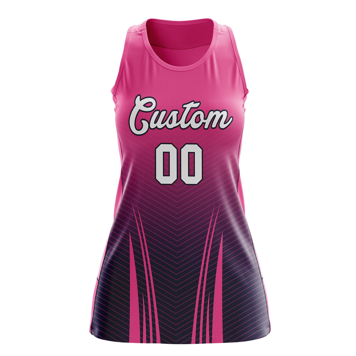 Custom Netball Dress | Rose Red Navy V-Shaped Pinstripes Gradient Team Uniform