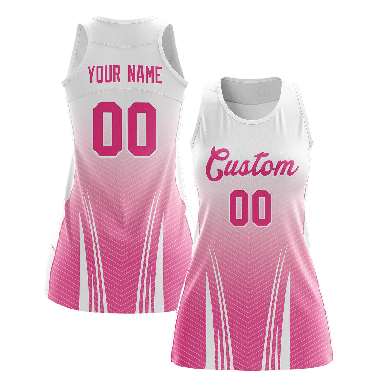 Custom Women Netball Dress | White Pink V-Shaped Pinstripes Uniform with Name &amp; Number