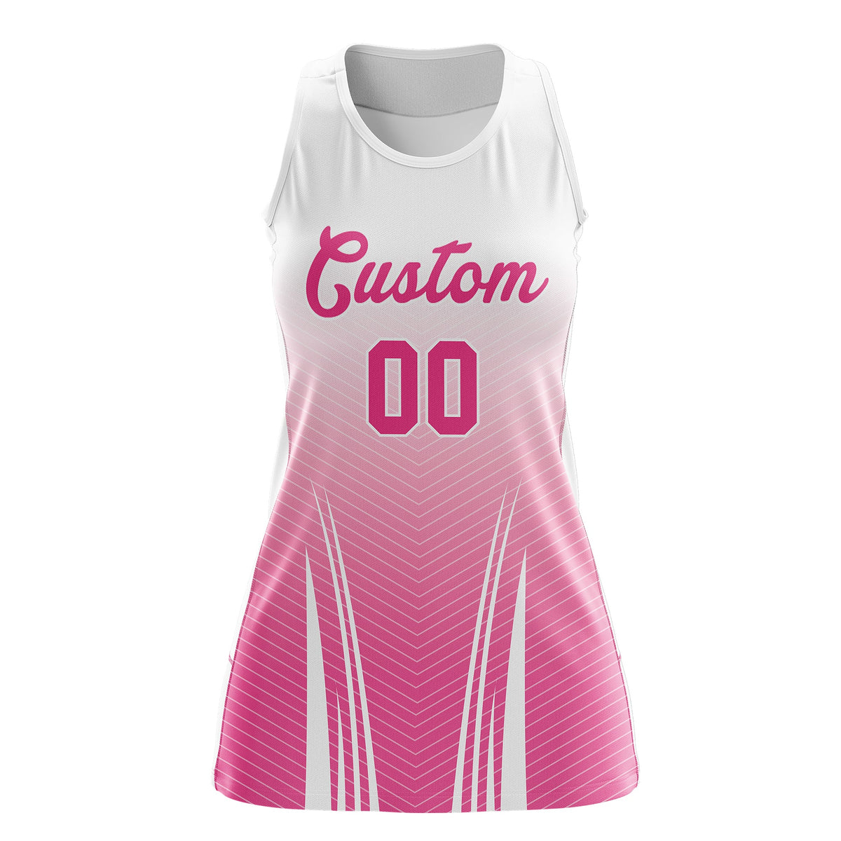 Custom Women Netball Dress | White Pink V-Shaped Pinstripes Uniform with Name &amp; Number