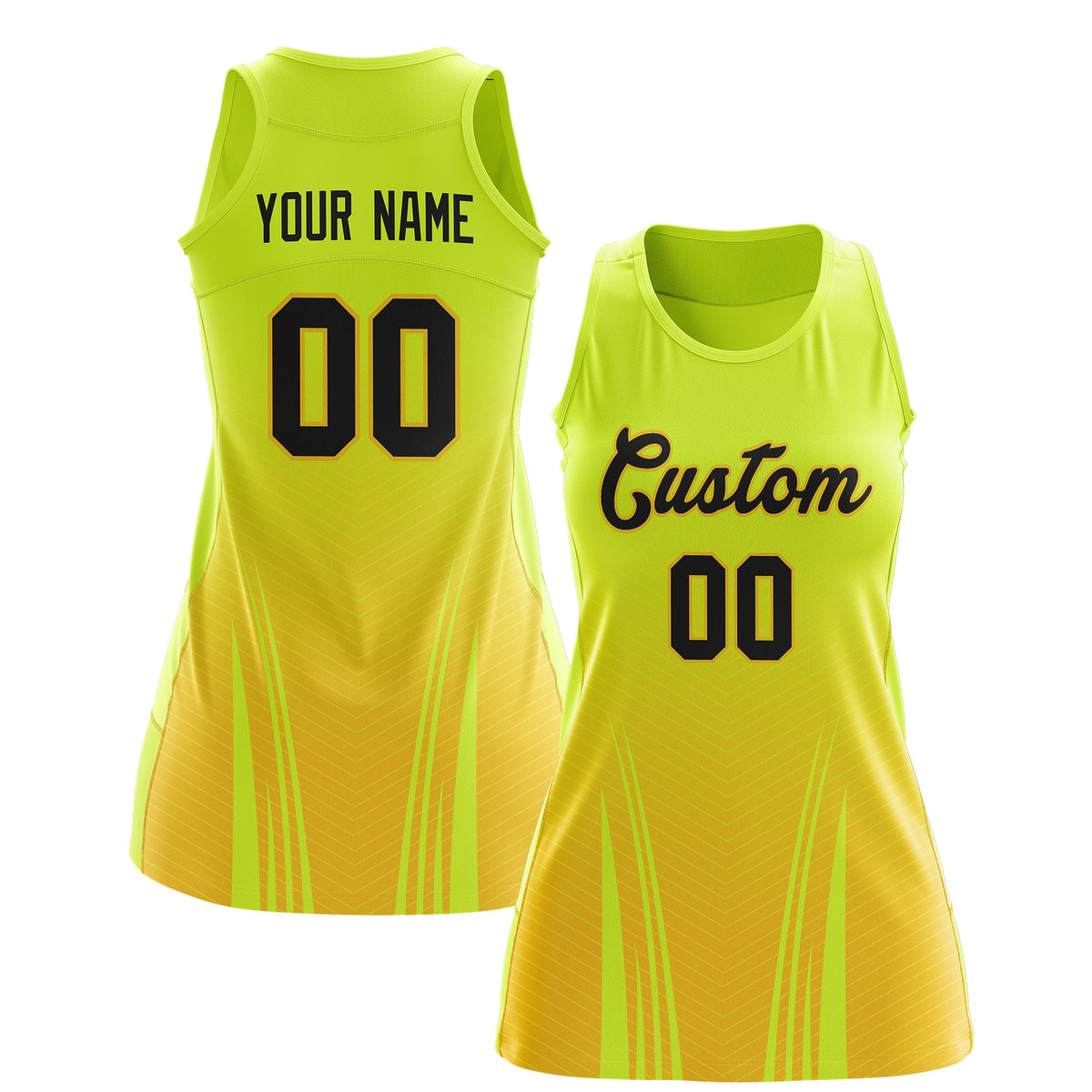 Custom Netball Dress Fluorescent Green Gold for Women with V-Shaped Pinstripes Personalized Team Uniform
