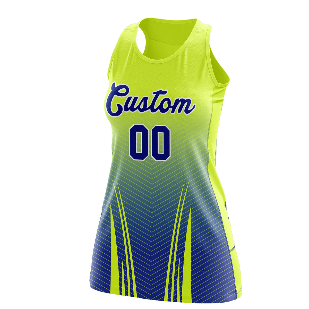 Custom Women Netball Dress | Fluorescent Green Royal Blue V-Shaped Pinstripes Uniform with Name &amp; Number