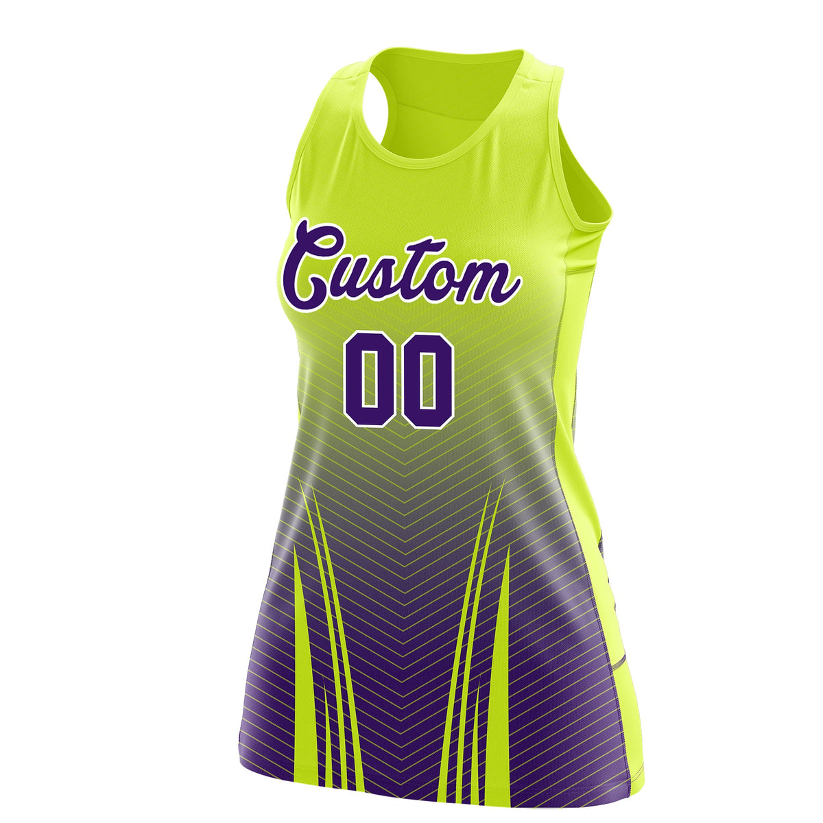 Custom Netball Dress | Fluorescent Green Purple V-Shaped Pinstripes Gradient Team Uniform