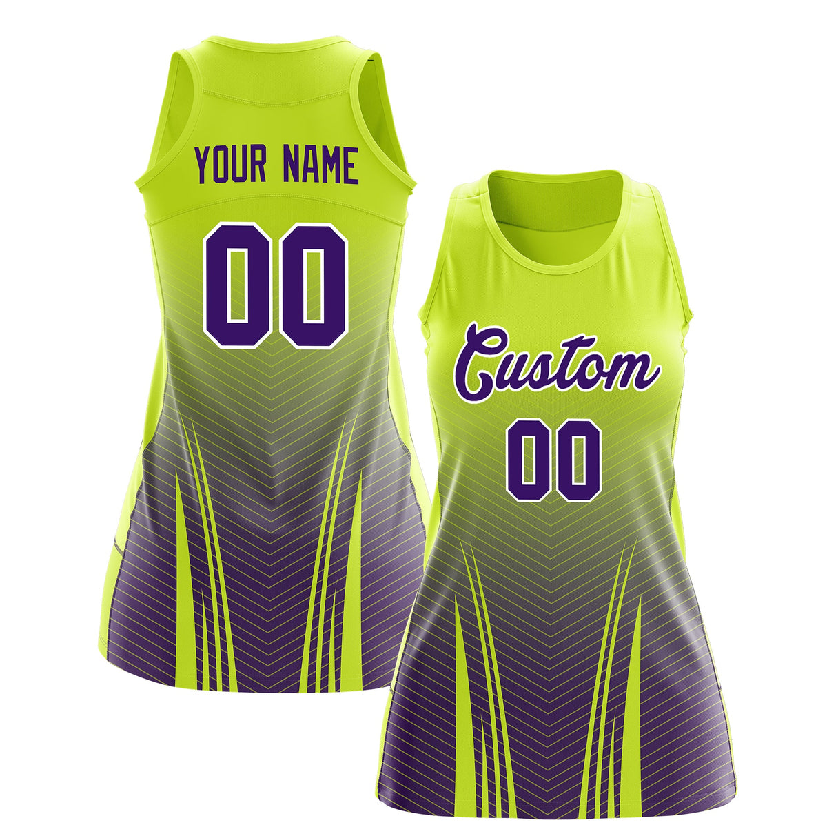 Custom Netball Dress | Fluorescent Green Purple V-Shaped Pinstripes Gradient Team Uniform