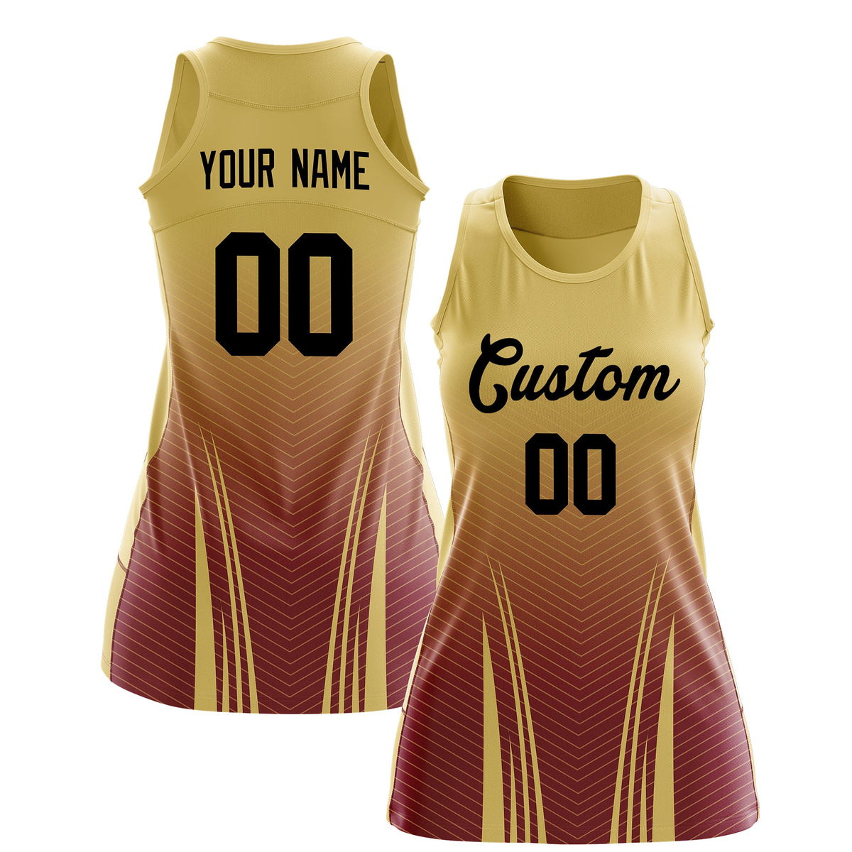 Custom Women Netball Dress | Khaki Crimson V-Shaped Pinstripes Uniform with Name &amp; Number