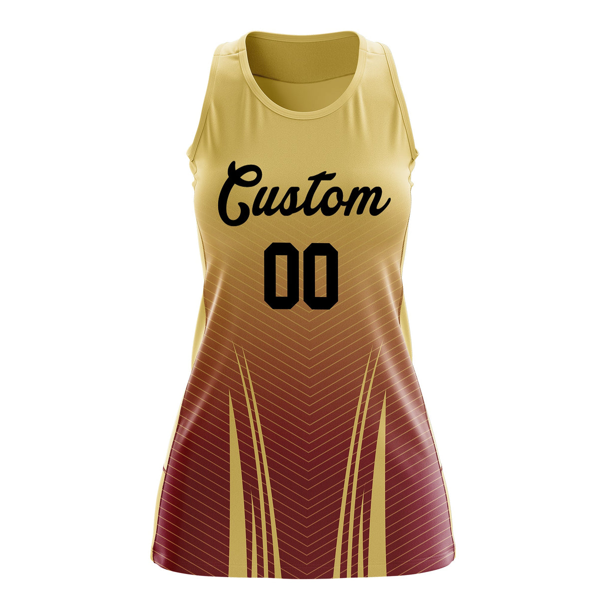 Custom Women Netball Dress | Khaki Crimson V-Shaped Pinstripes Uniform with Name &amp; Number