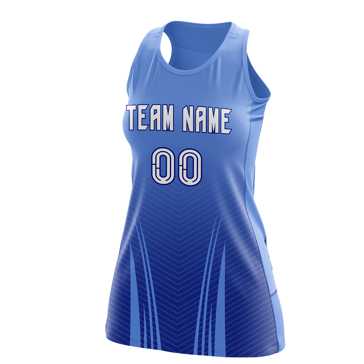 Custom Netball Dress | Light Blue Royal Blue V-Shaped Pinstripes Gradient Team Uniform